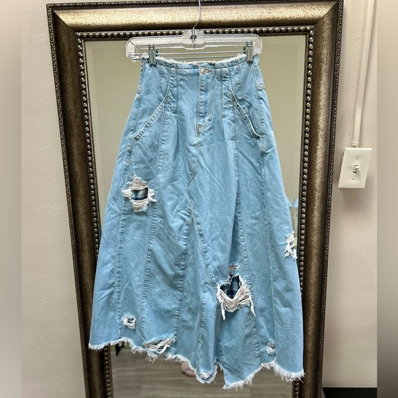We The Free Riptide Denim Maxi Skirt | Sz 0 (XS) | Distressed Plaid Patchwork - Picture 2 of 9